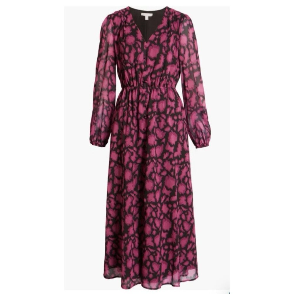 Chelsea28 Maxi Dress Large Pink Black Flowy Long Sleeve Stretch Career Church